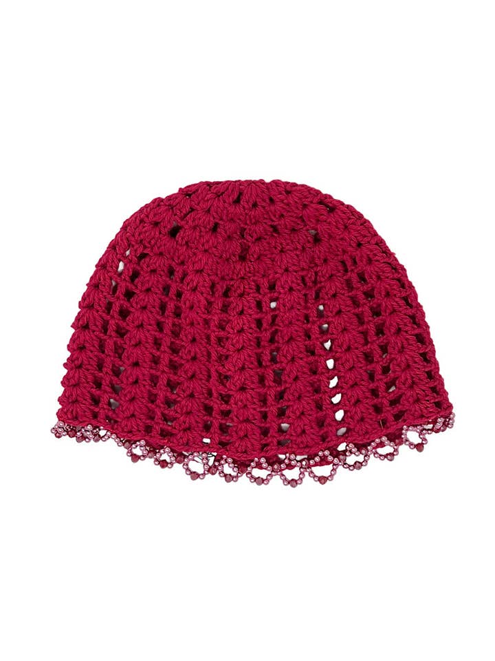 Cappello a cuffia all'uncinetto in lana rosso ciliegia con cristalli for wholesale by Tétè Accessories