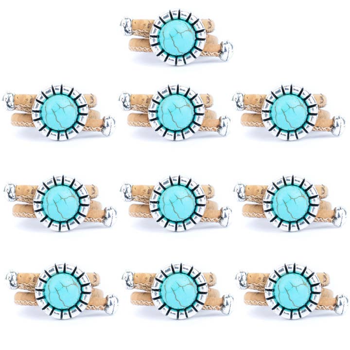 3mm Round Natural Cork Wire with Turquoise and Alloy Accessories Handmade Women's Ring RW-039-10 for wholesale by Meninas Bonitas Cork