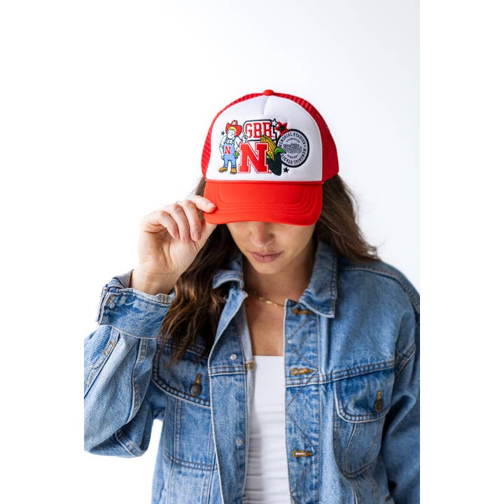 WHITETRUERED Nebraska Layer Patch Foam Trucker Hat for wholesale on Faire