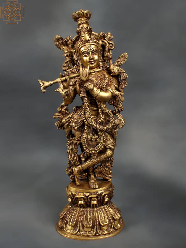 Statue de Lord Krishna en laiton de 18 pouces jouant de la flûte en laiton pour la vente par Exotic India Art