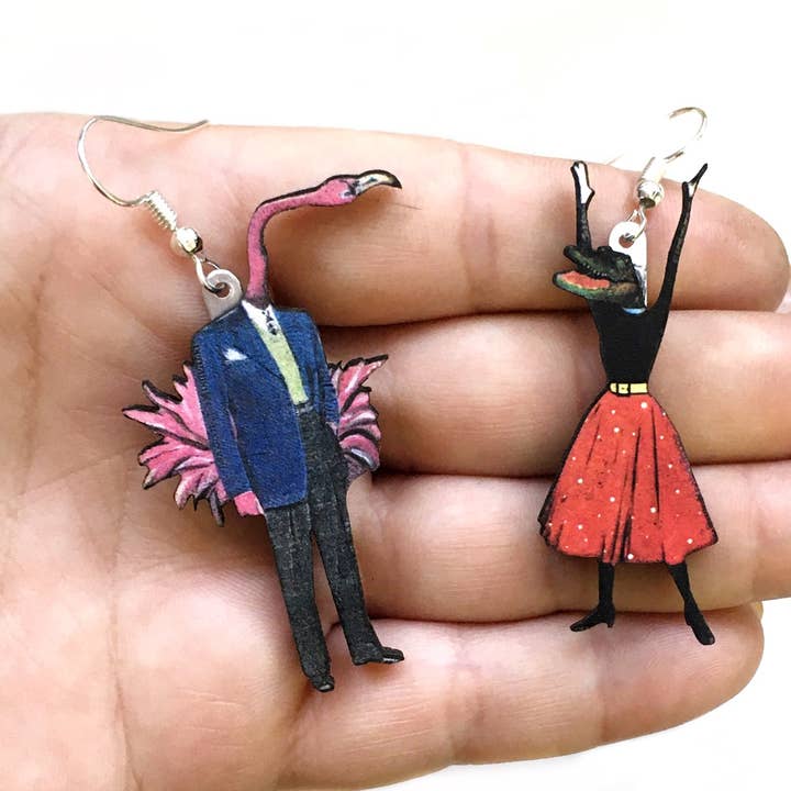 Mismatched Alligator + Flamingo Earrings for wholesale by Pergamo Paper Goods