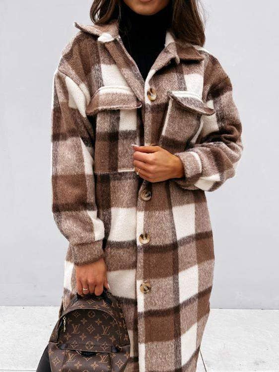 Plaid Button-Down Long Wool Blend Coat for wholesale by Flarix