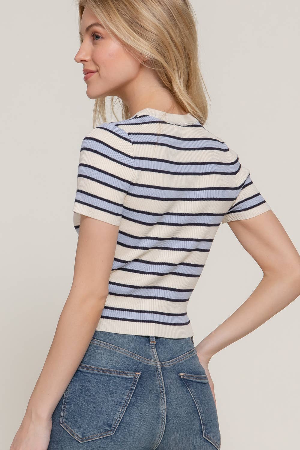 Active Basic | Active USA - Wholesale Knit Top - Women's - Short Sleeve Crew Neck Multi Stripe Spring Sweater9