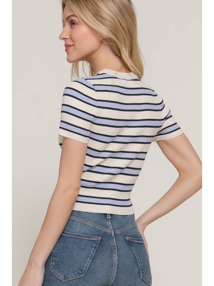 Active Basic | Active USA - Wholesale Knit Top - Women's - Short Sleeve Crew Neck Multi Stripe Spring Sweater9