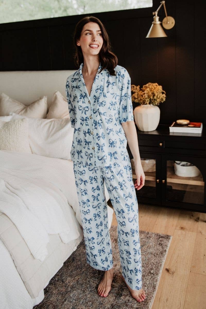 Light Blue Toile Coquette Bows Lounge Pants Set for wholesale on Faire3