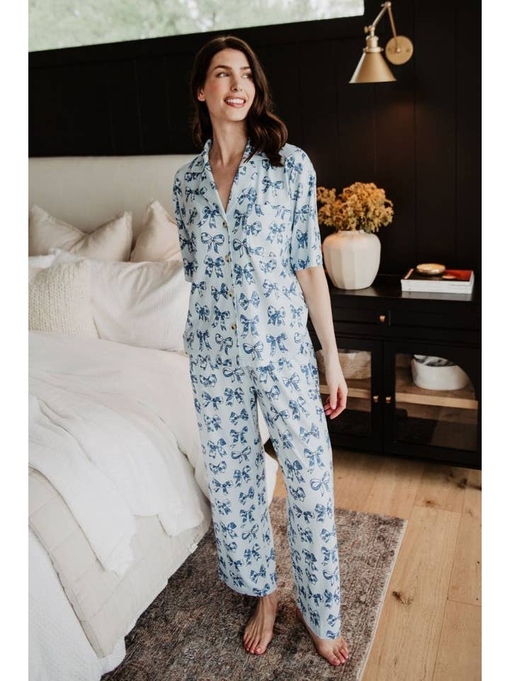 Light Blue Toile Coquette Bows Lounge Pants Set for wholesale on Faire3