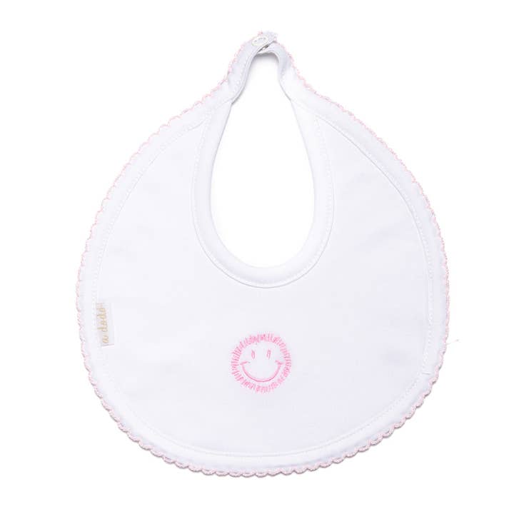 Bavoir Happy Face - blanc avec bordure rose pour la vente par A Dodo Baby