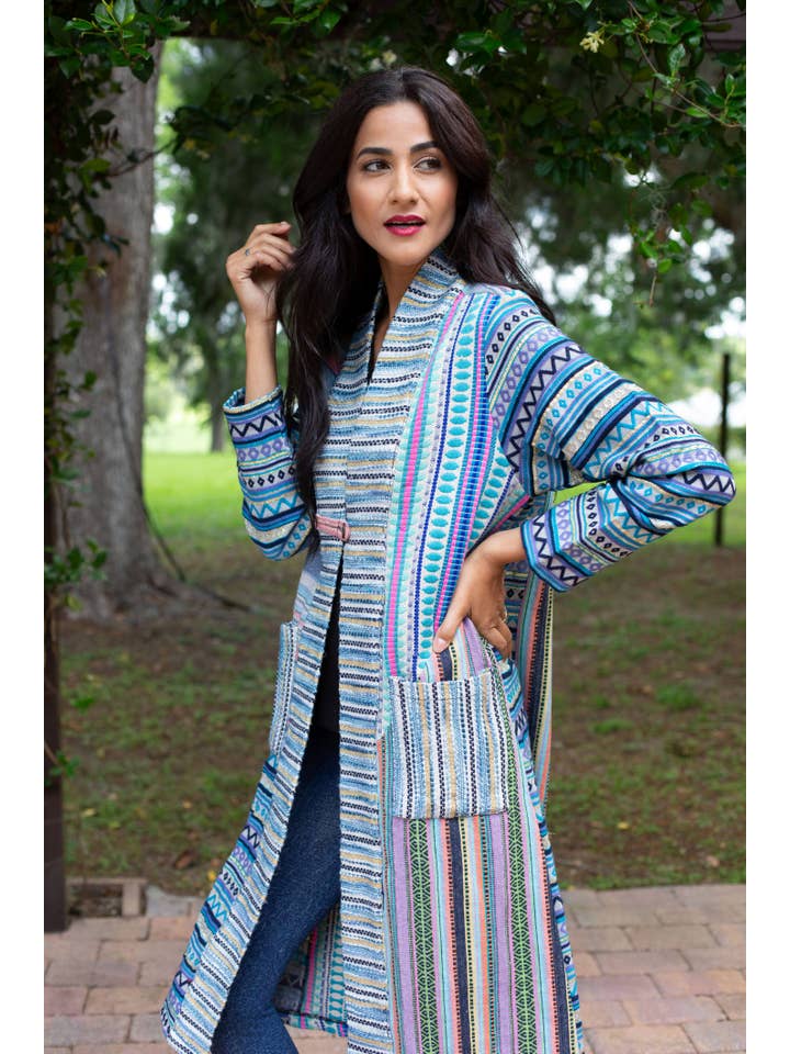 Sacred Threads - Wholesale Jacket - Women's - Blue Batik Patchwork Cotton Cardigan Jacket4