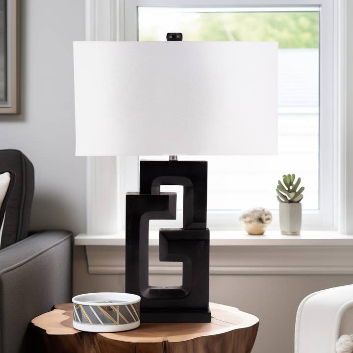 Lampada da tavolo - Legno nero geometrico paralume bianco, 27 pollici. per la vendita all'ingrosso da parte di Sagebrook Home