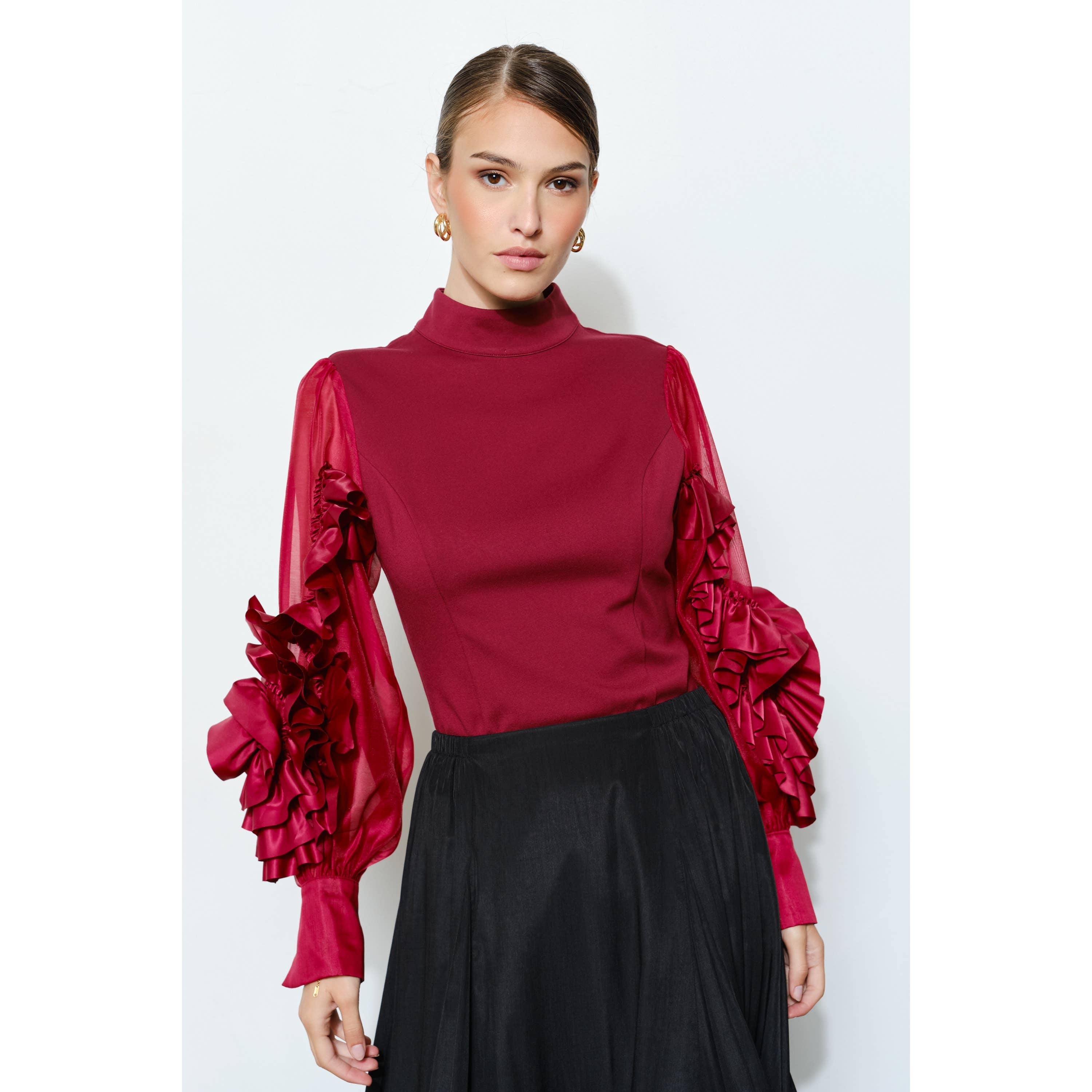 INA - Wholesale Blouse - Women's - Rosette Ruffle Sheer Sleeve Jersey Top10