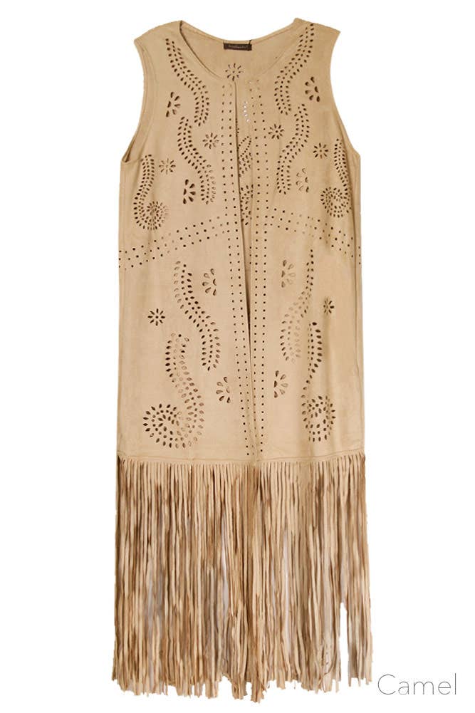 Hana - Venta al por mayor Chaleco de abrigo - Mujer - Chaleco de gamuza cortado con láser con estampado de hojas geométricas19