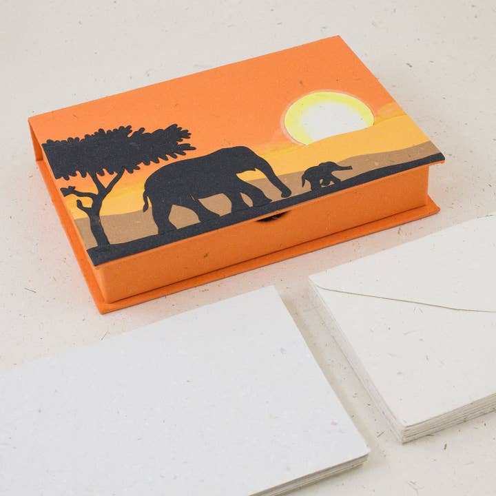 Boxed Stationery Set Elephants Orange for wholesale by Mr. Ellie Pooh