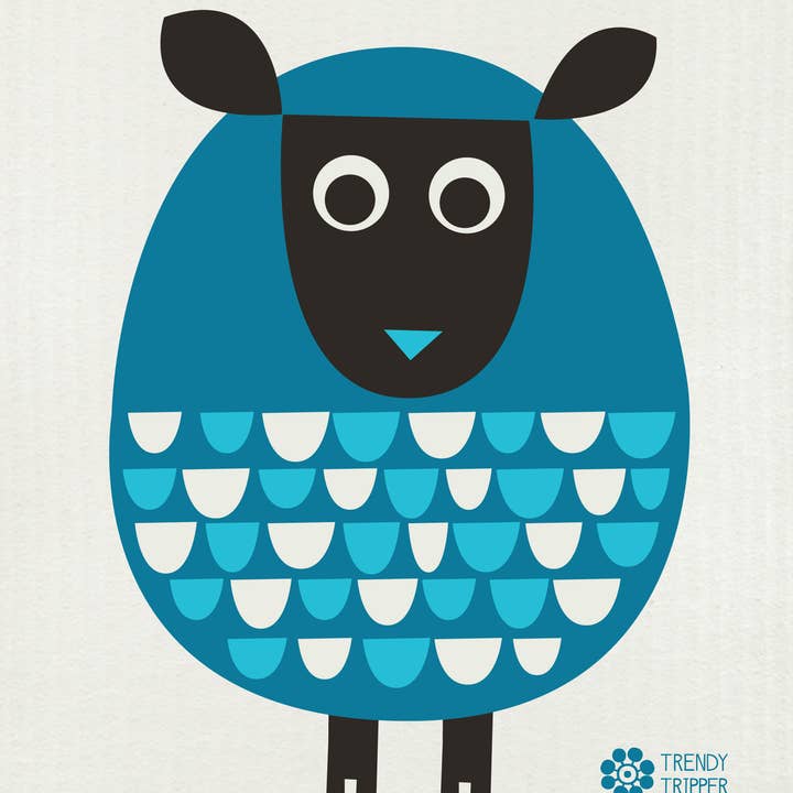Trendy Tripper - Wholesale Dishcloth - Sheep Two-tone Turquoise on Natural Swedish Dishcloth0