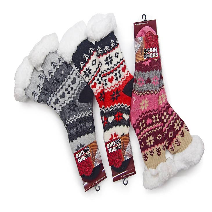 Mens Slipper Socks, Fleece-lined Knitted Cabin Socks with Grippers