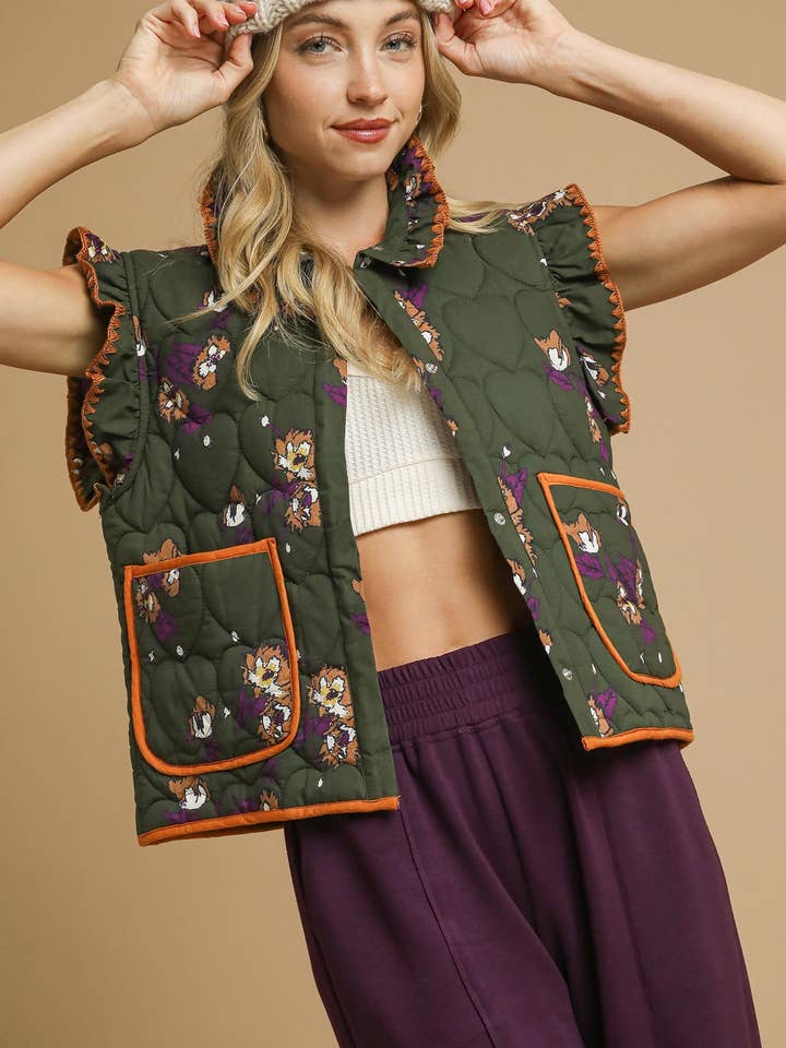 Ruffled Quilted Floral Vest for wholesale by Pink Irene Wholesale
