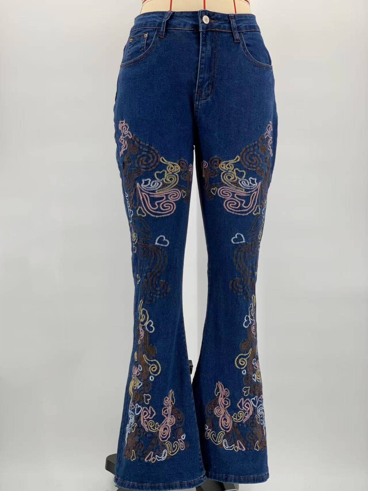 Blue Wild Western Floral Vine Embroidered flare jeans for wholesale on Faire4