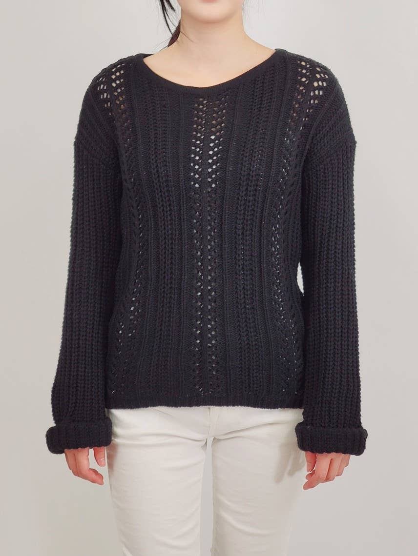 Mak - Wholesale Knit Sweater - Women's - Leaf Crochet Detailed Rolled Up Sleeve Sweater HB205215