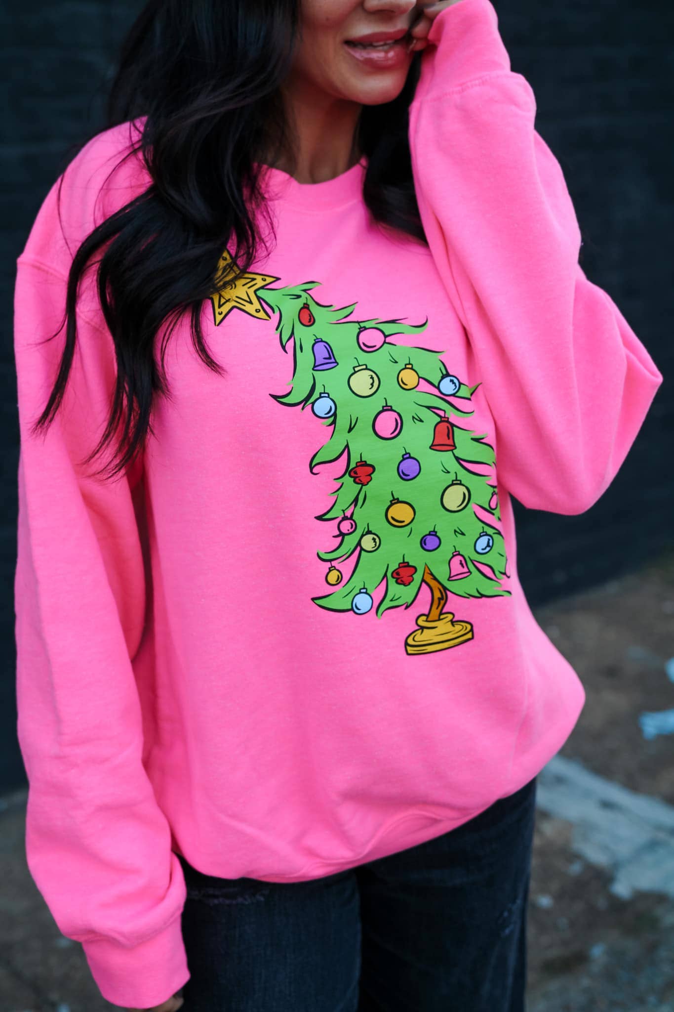 Small Town Society Apparel Co. - Wholesale Graphic Sweatshirt - Women's - Who Christmas Tree  | Neon Pink | Sweatshirt 3