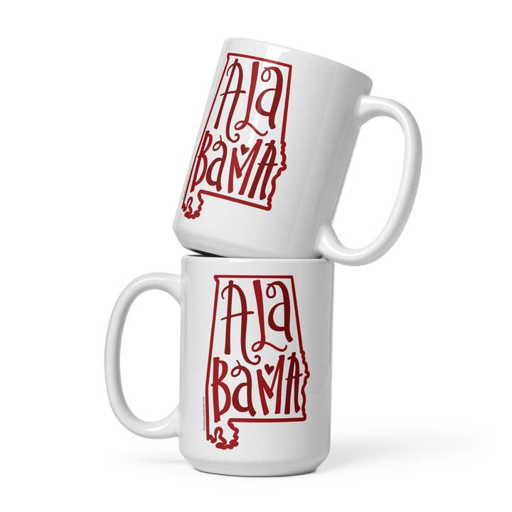 Ceramic Mug with Alabama Bouncy Letters Handdrawn Art (blues) for wholesale by Mission Celebrate