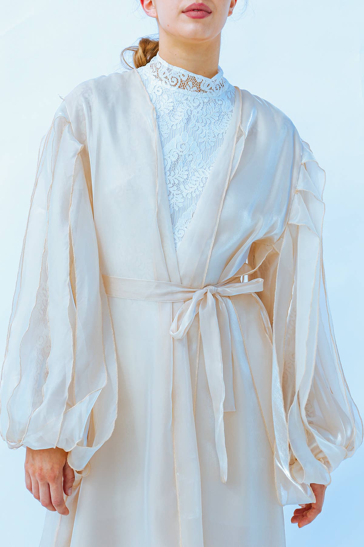 Beige Open Balloon Sleeve Detail Fine Organza Maxi Robe MC4402 for wholesale on Faire5