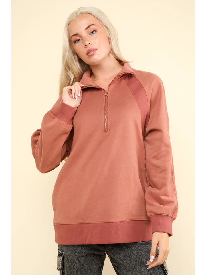 VERY J - Wholesale Sweatshirt - Women's - NT11849-Oversized Sweatshirt Henley Knit Top