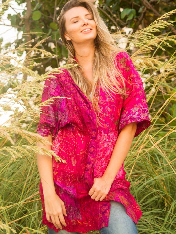 Fuschia Multi Vintage Seta Rigocciolato Kimono per la vendita all'ingrosso da parte di Greensewn