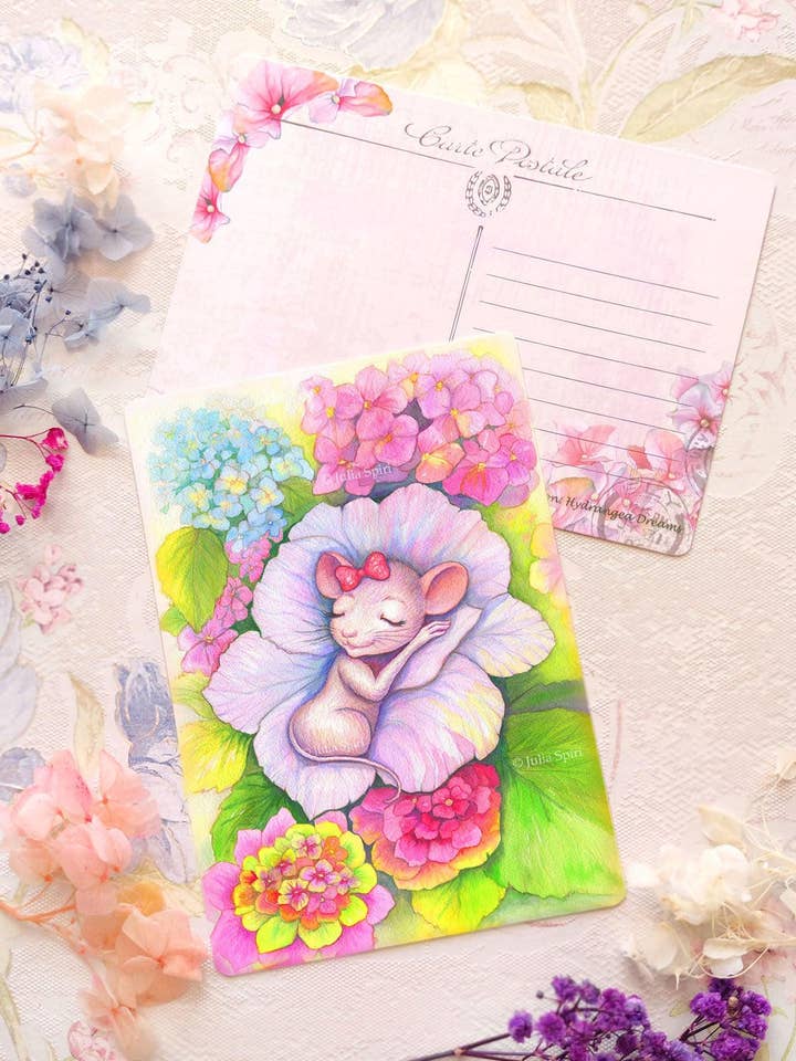 Ansichtkaart. Hortensia Dromen. Een Hortensiabed voor de Slapende Lieve Muis voor wholesale door Julia Spiri