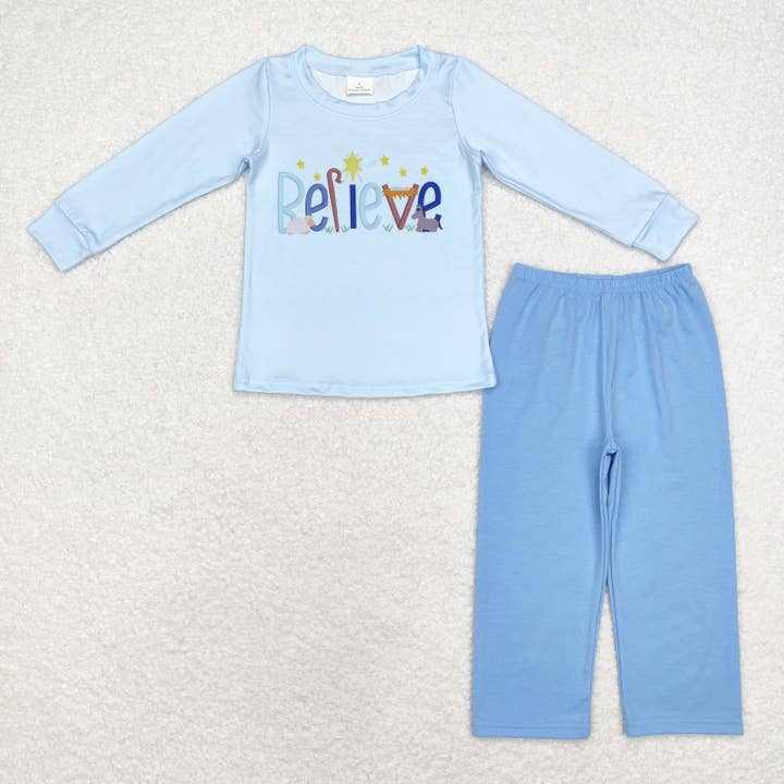 Baby Boys Blue Christmas Believe Top Pants Clothes Sets for wholesale by Aier Wholesale
