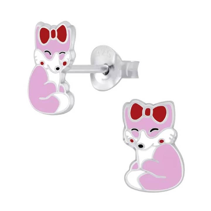 Orecchini per bambini Fox Fox, viola, rosa, bianco, 6 x 9 mm, in argento sterling 925 per la vendita all'ingrosso da parte di LIV & LENN