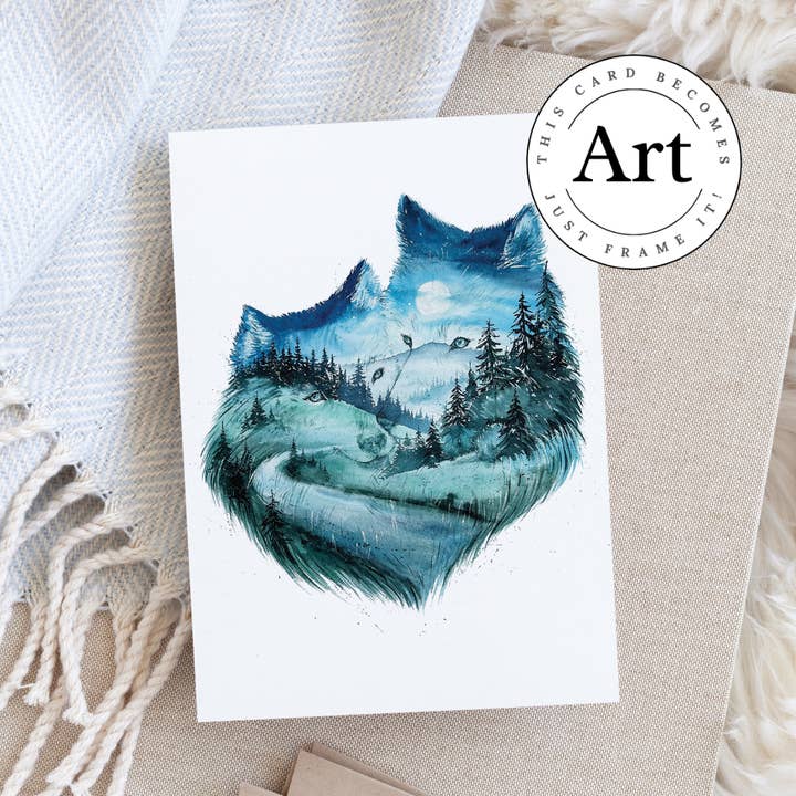 Carte d'art aquarelle « Soulmates » Wolf Couple pour la vente par Elena Markelova Arts