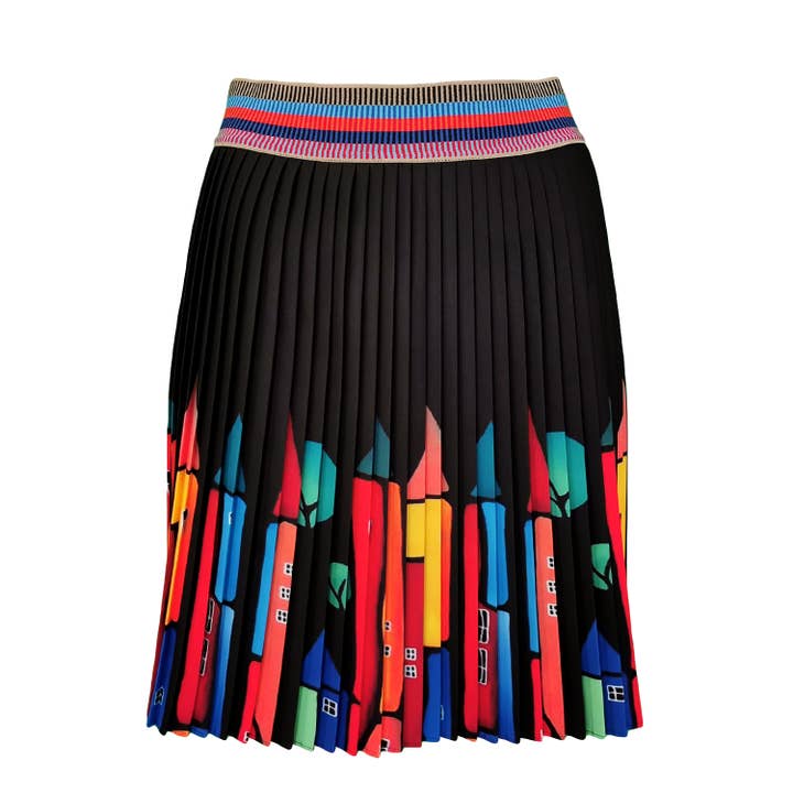 Zwarte mini geplooide rok met kleurrijke huisprints voor wholesale door Lalipop Design