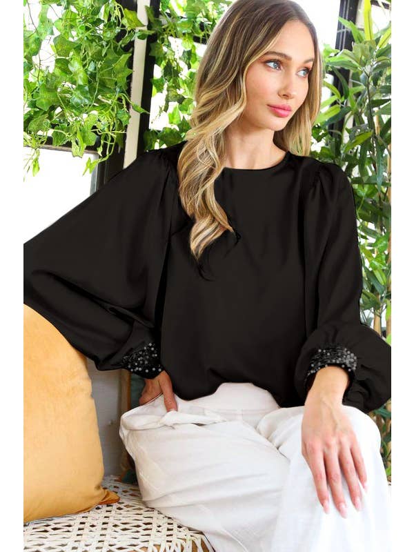 Vine & Love - Wholesale Blouse – Women’s - Sequin Cuff Accent Crew Neck Satin Blouse Top VT8125912