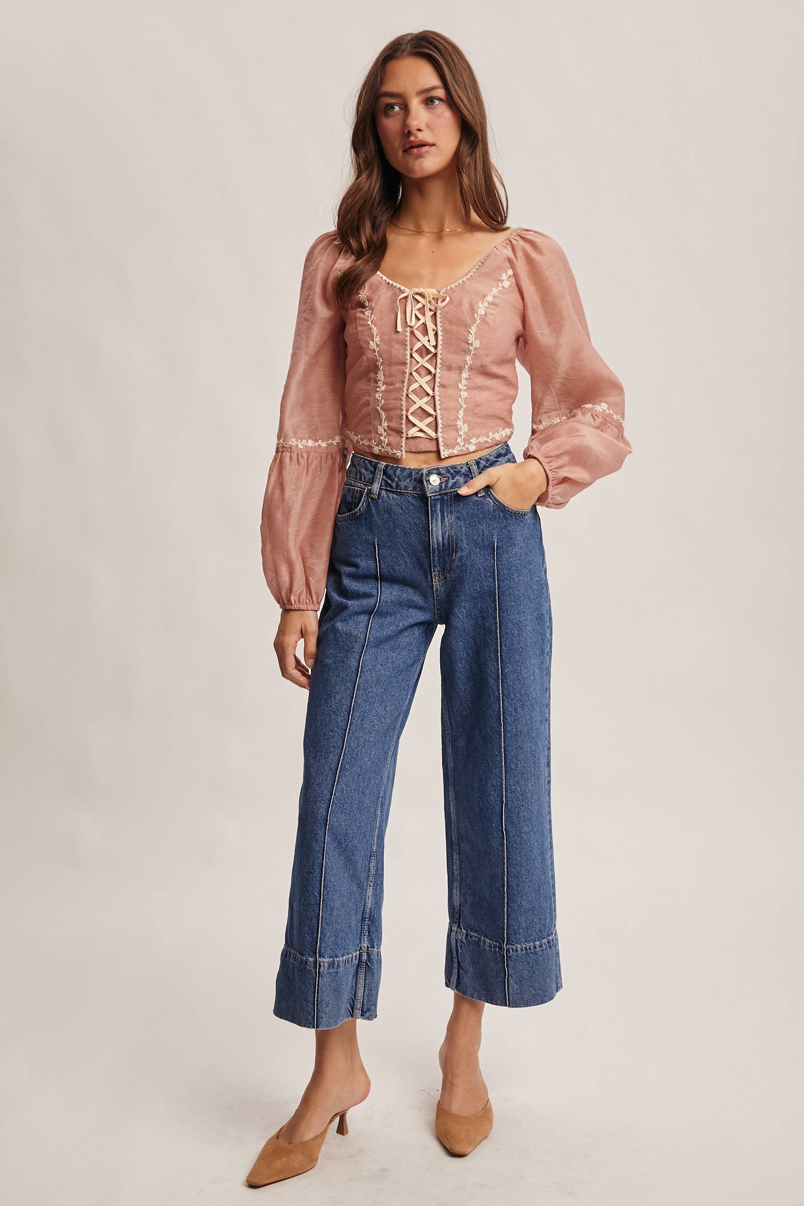 Forte - Wholesale Blouse - Women's - Lace-Up Embroidered Puff Sleeve Top FT0007 9