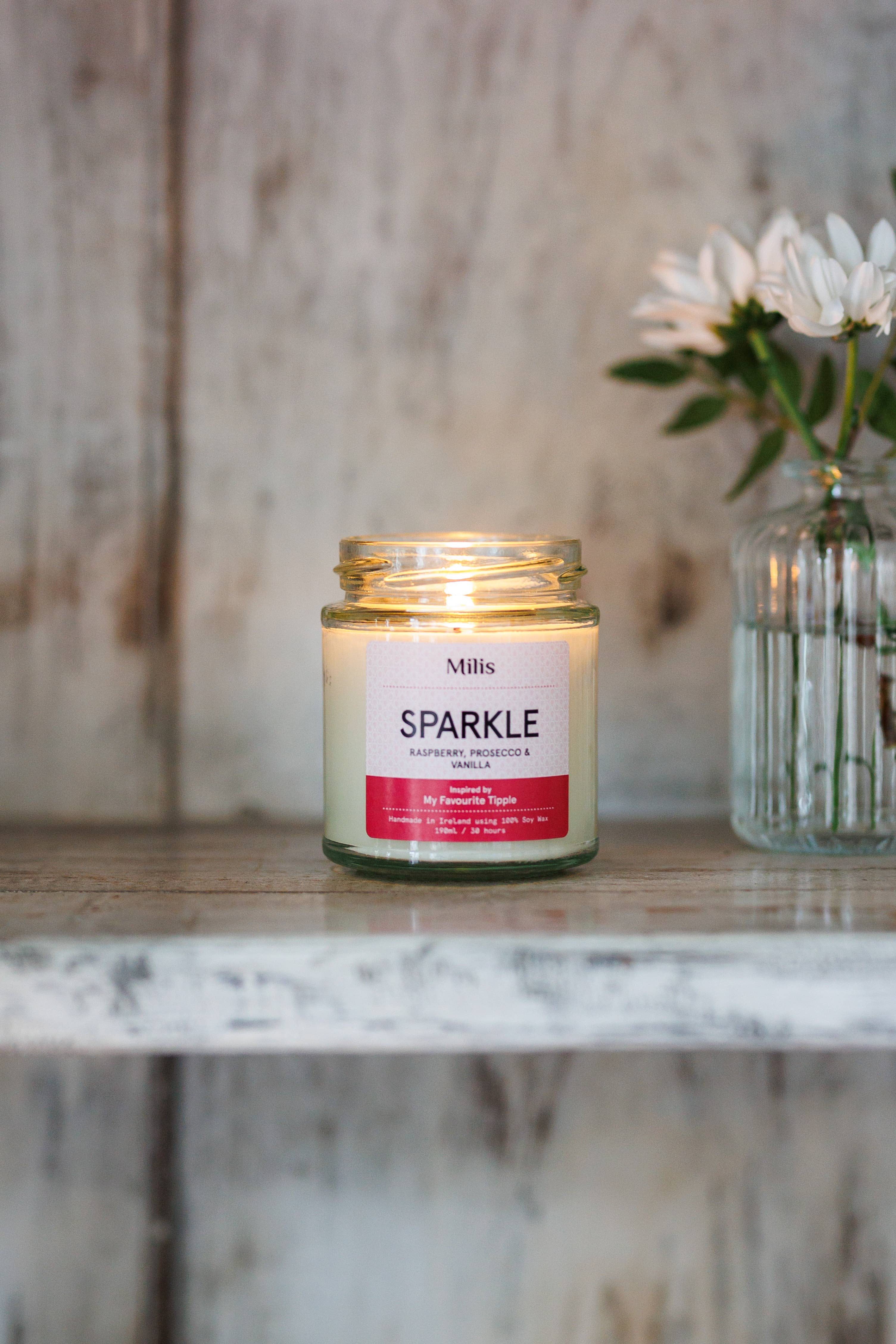 Milis – Engroshandel Glaslys – Sparkle Duftlys – hindbær, prosecco og vanilje