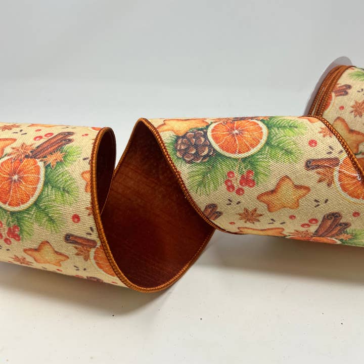David Christopher's Collection - Wholesale Ribbon - Gift Wrapping - Orange and Cinnamon Print on Brown Ribbon Base 4" x 10yd1