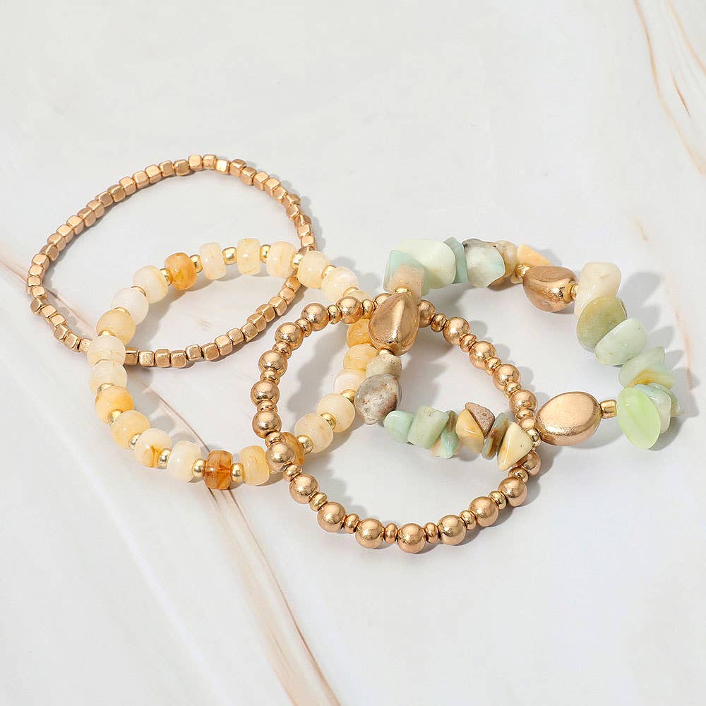 Sensibling Corp. - Wholesale Jewelry Set - 4PCS - Natural Stone Metal Ball Beaded Stretch Multi Layered Bracelets4