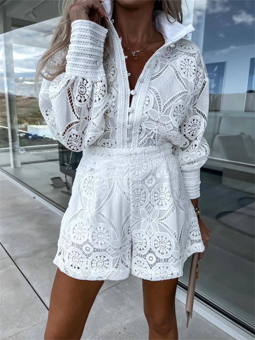 Rosa Clothing - Wholesale Top & Short Set (NOT Loungewear) - Women's - Cut out lace boho shirt top shorts sets11
