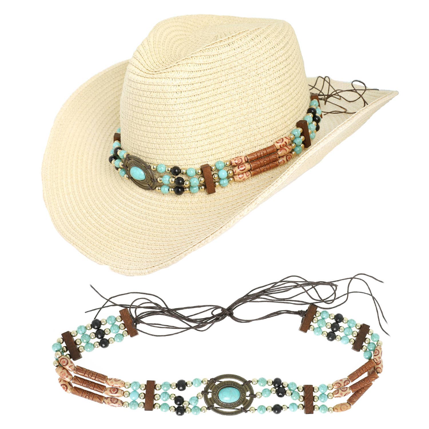 SP Sophia Collection - Wholesale Hat Accessory - Women's - Western Turquoise Concho Row Beaded Hat Band 1