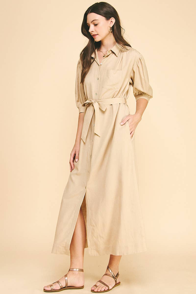 PINCH – Großhandel Kleid – Damen – EINFARBIGES MIDIKLEID AUS LEINEN - 5723D9