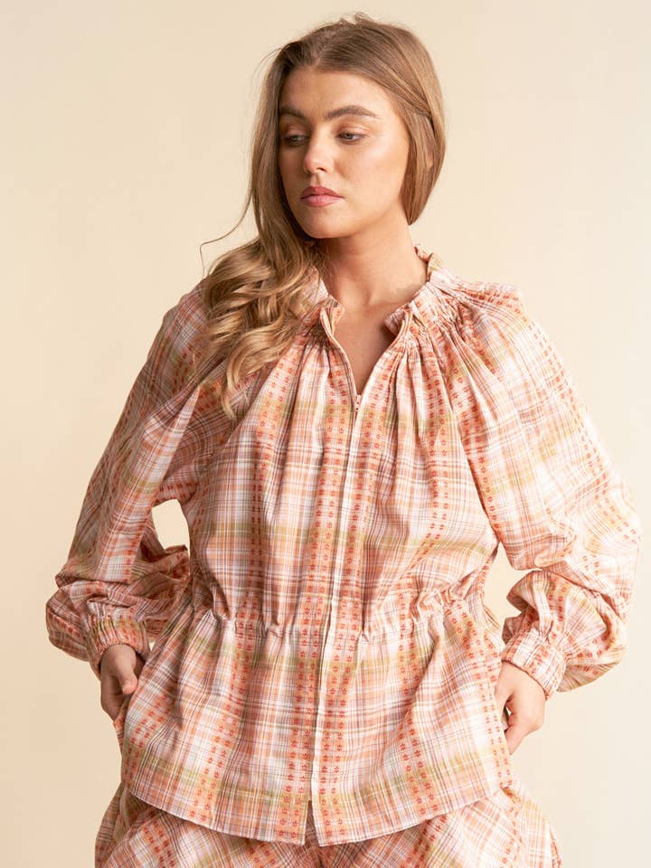 Long Sleeve Plaid Floral Zip Up Shacket for wholesale by J.NNA