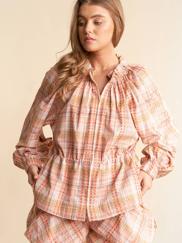 Orange Long Sleeve Plaid Floral Zip Up Shacket for wholesale on Faire