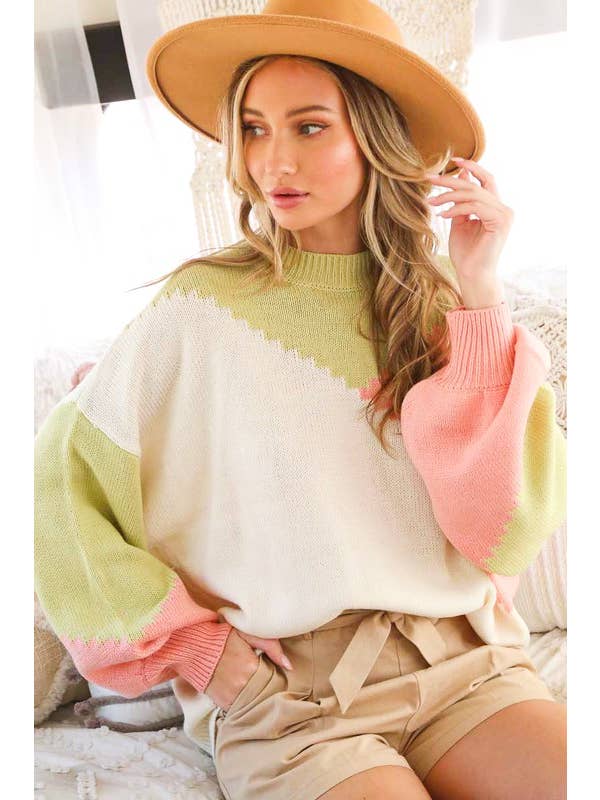 Vine & Love - Wholesale Knit Sweater - Women's - Color Block Round Neck Chunky Knitted Sweater Top VT8101724