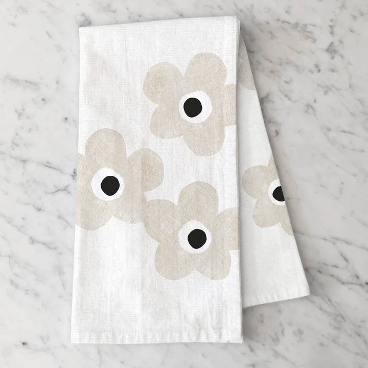 Floral Design Tea Towel - 100% Cotton - Rustic Beige Flowers for wholesale by Susan Case Designs