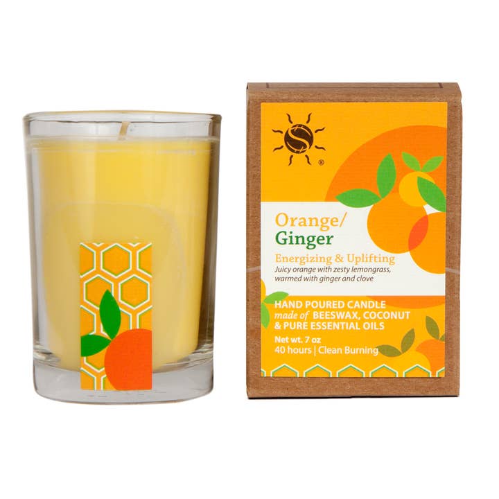 Bougie remplie d'aromathérapie orange et gingembre pour la vente par SunLeaf Naturals