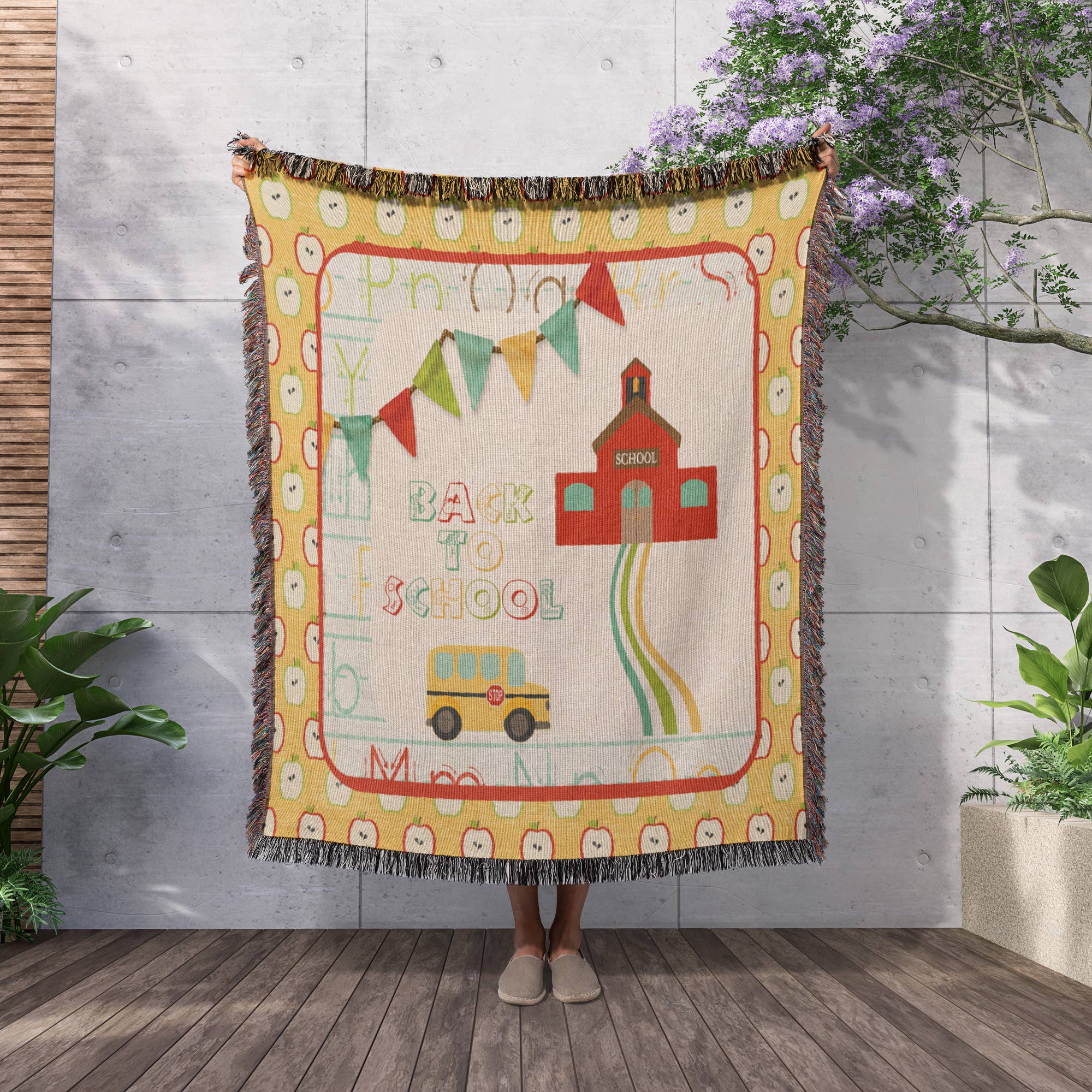 3dRose - Wholesale Throw Blanket - 3dRose, Red Old Fashion School House, Apple, Bus and Flags Back to School, Blanket2