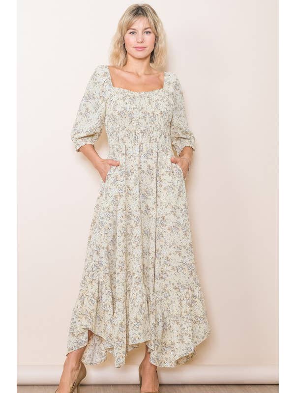 Elloh Collection – wholesale Dress – Women's – Sweetheart Half Sleeve Handkerchief Hem Floral Maxi Dress5