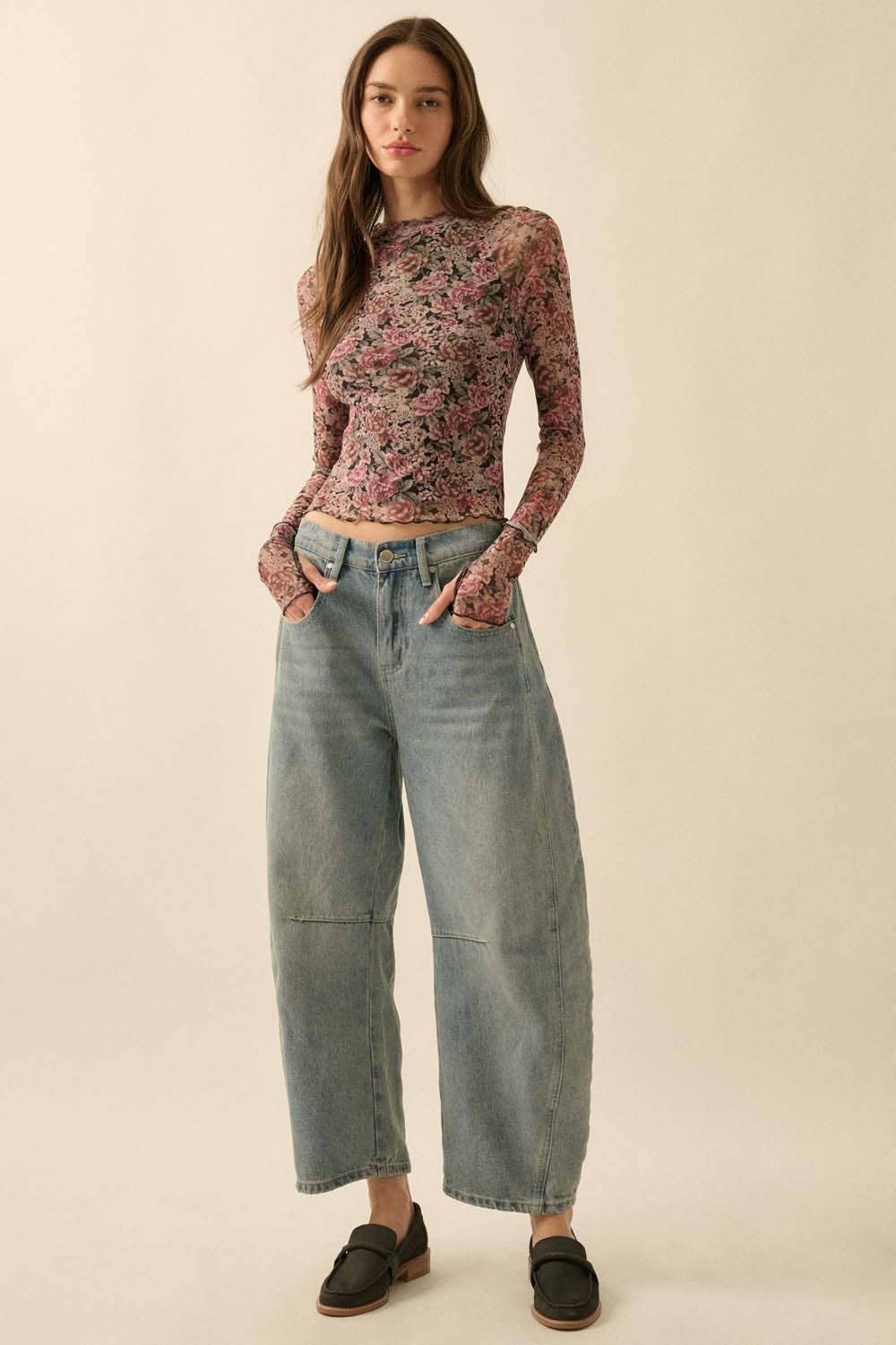 Promesa USA - Wholesale Knit Top - Women's - Floral-Print Mesh Thumbhole Mock-Neck Top15