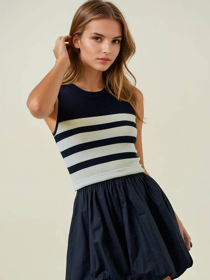 Doe and Rae - Wholesale Dress - Women's - STRIPED KNIT BUBBLE HEM MIX MINI DRESS - 28225D0