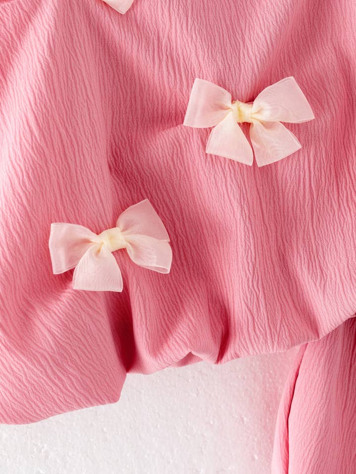 Auraquise - Wholesale Top & Short Set - Kids - Girls Summer Pink Bow Fashion Cute Short Set7