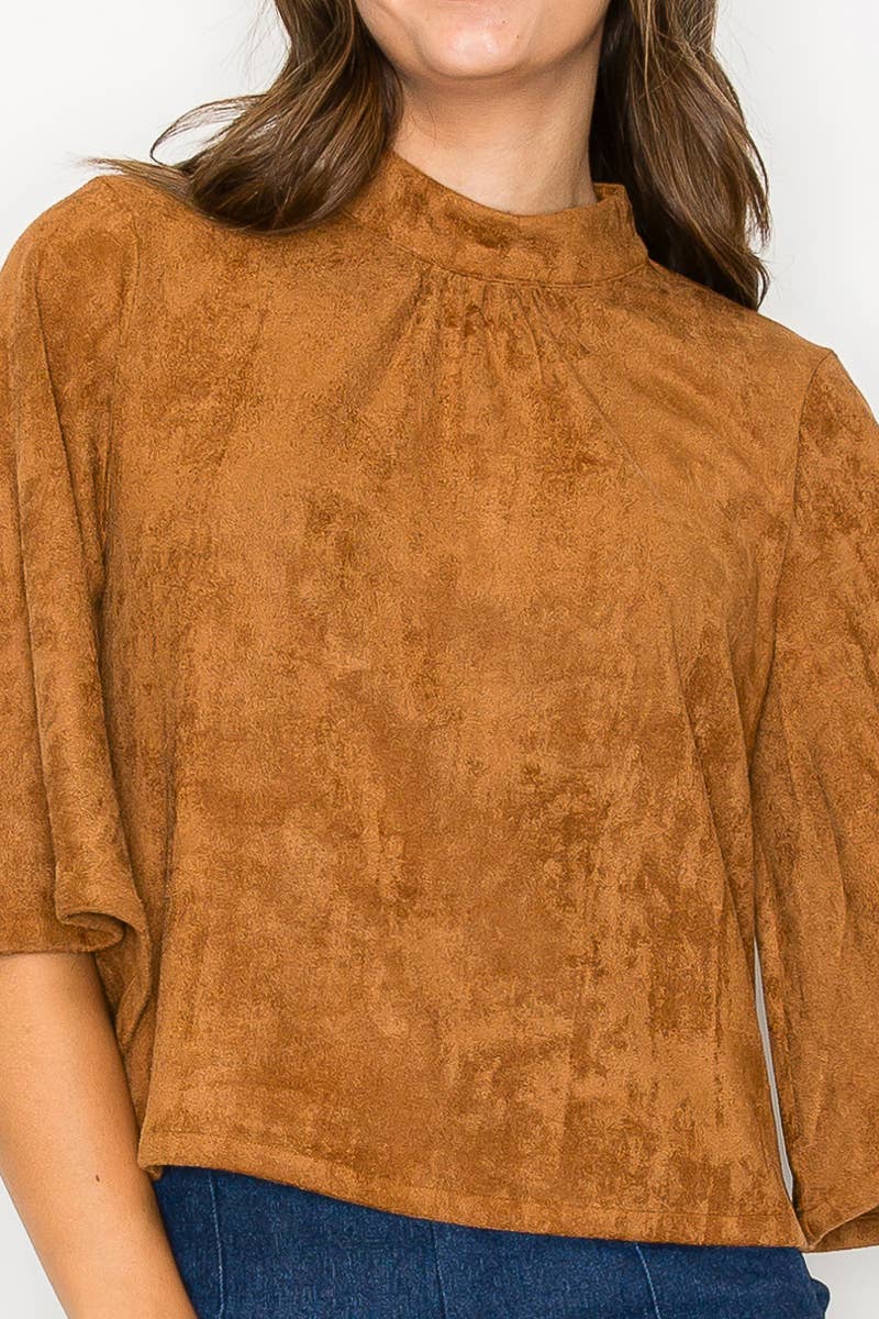 LoveWednesday - Wholesale Blouse - Women's - Bell sleeve camel suede top  - LWT1802 1
